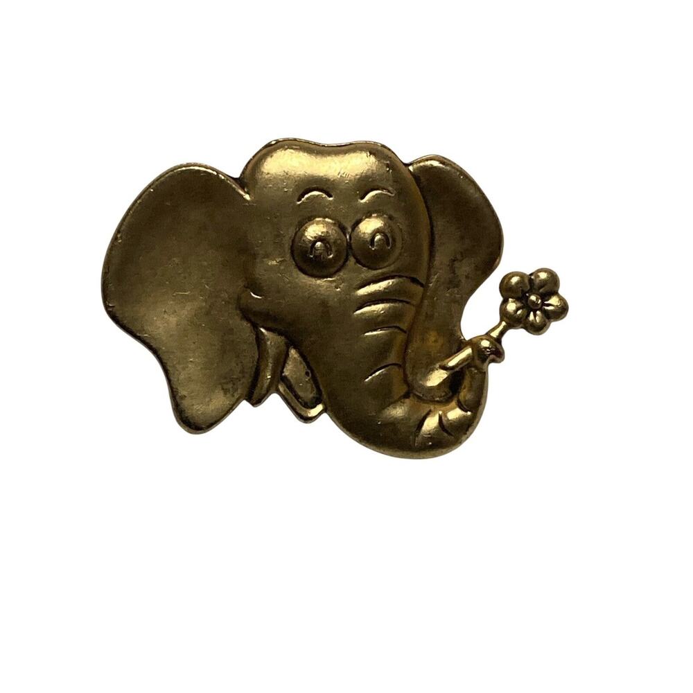 Brooch Elephant‎ Holding A Flower, Gold Tone Dr. Seuss Horton Inspired UNIQUE
